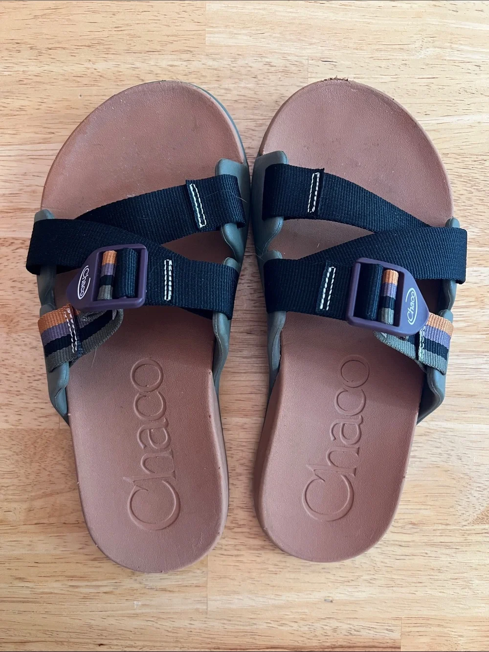 Chaco Brown Footbed Slide Sandals with Black Straps and brown Buckles